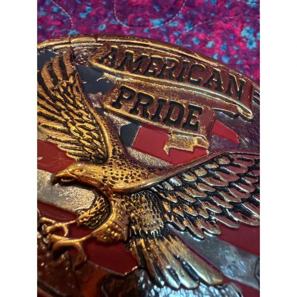 Vintage American Pride Eagle Belt Buckle Gold Tone Patriotic USA Flag Oval